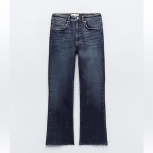 Zara Mid Rise Flare Cropped Cut Hem Medium Blue